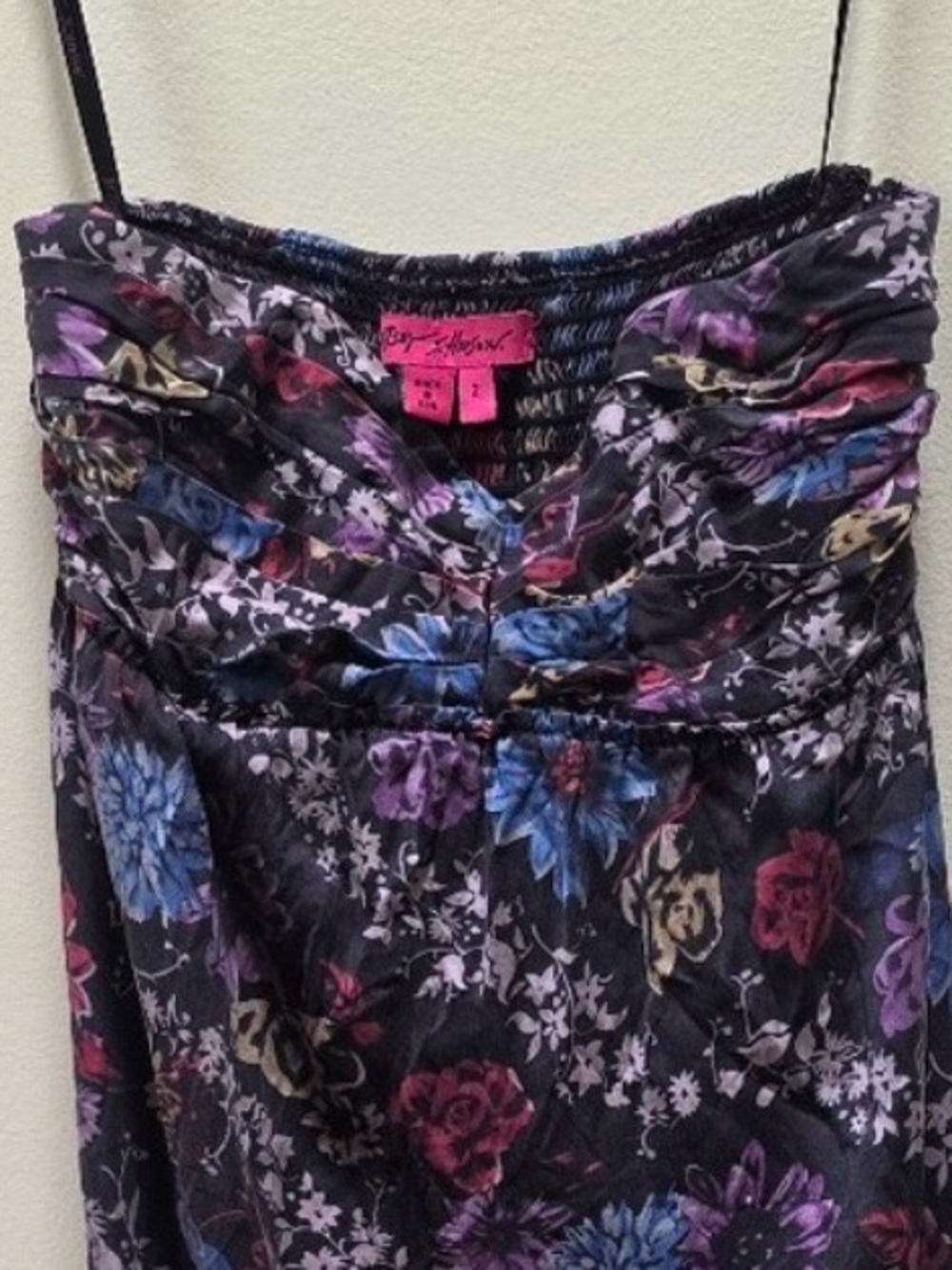 Betsey Johnson Vintage Y2K Silk Floral Ruffles Smocked Tulip Dress Fairy Black 2 - Picture 9 of 16